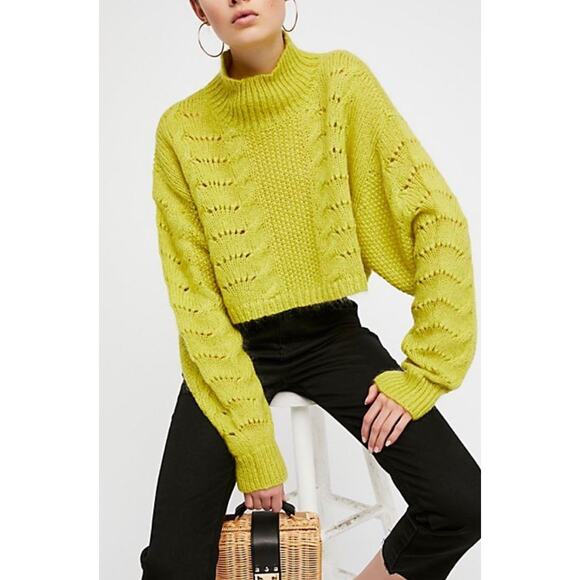Free People NWOT Pointelle Crop Mock Neck Pullover Sweater M - Picture 1 of 8